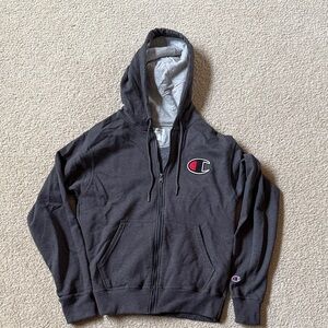 Champion Black Zip-Up Hoodie with Grey Hood Lining and Logo